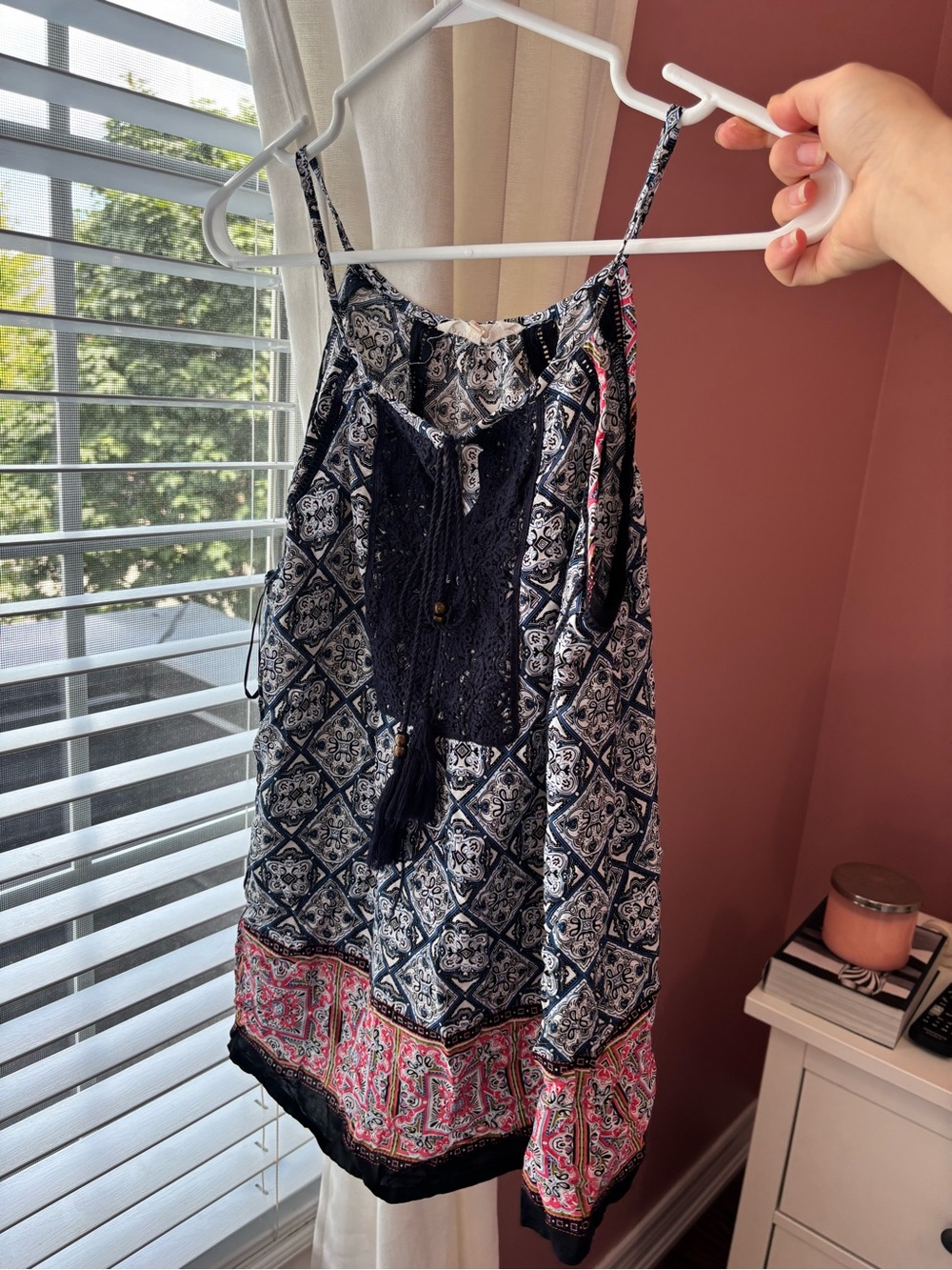 Solitaire Navy and Pink Printed Spaghetti-Strap Top with Tassel Detail